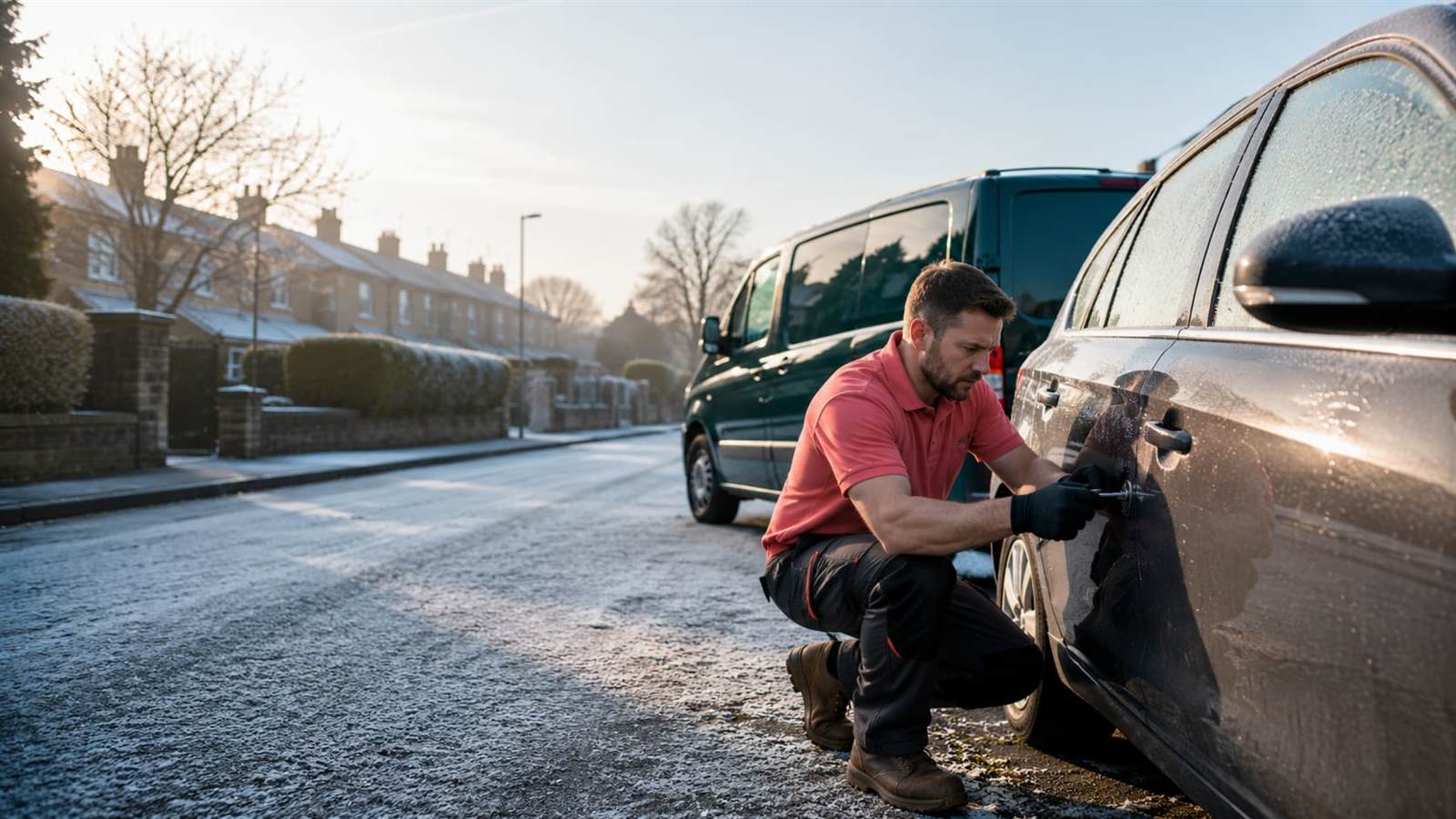 Emergency locksmith opening a locked car on a frosty morning in Carlisle