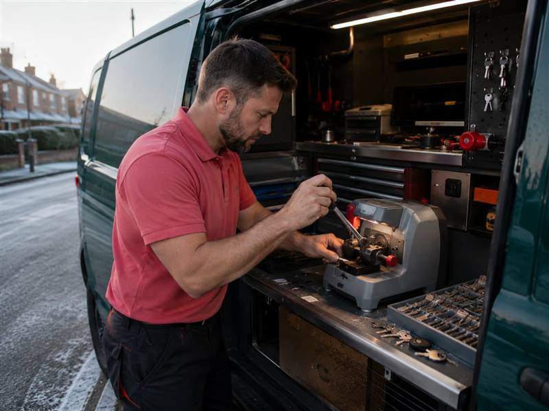Mobile locksmith cutting spare keys in his van in Carlisle