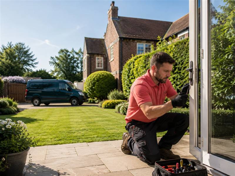 Locksmith repairing a uPVC patio door lock at a home in Carlisle