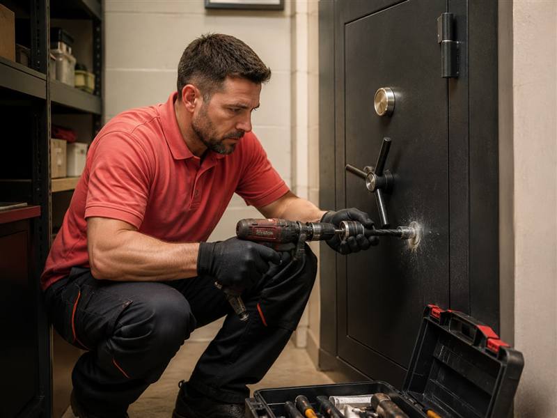 Locksmith opening a locked safe with specialist tools in Carlisle